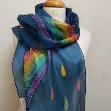 Load image into Gallery viewer, Rainbow Design Silk Scarf in Blue Silver : Hand Painted Silk by Designer Silk Artist
