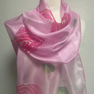 Roses Design X Long Silk Scarf in Pink & Silver : Hand Painted Silk