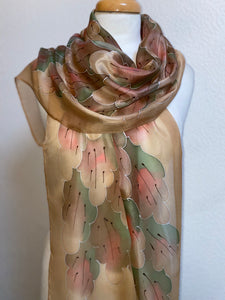 Leaves Design X Long Silk Scarf in Autumn Shades : Hand Painted Silk