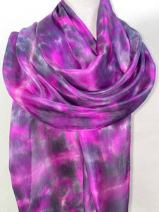 Hand Dyed Long Silk Scarf in Orchid, Grey, Purple