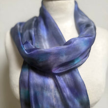 Load image into Gallery viewer, Hand Dyed Silk Small Neck Scarf in Grey Purple Turquoise by Designer Silk Artist
