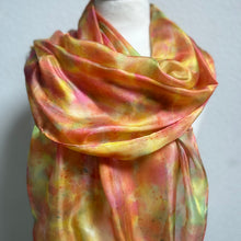 Load image into Gallery viewer, Hand Dyed Long Silk Scarf in Golden Yellow Coral Green Red by Designer Silk Artist
