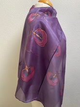 Load image into Gallery viewer, Sweet Pea Design Long Scarf : Hand Painted Silk in Pink Purple Copper
