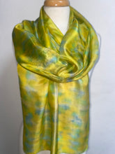 Load image into Gallery viewer, Hand Dyed Long Silk Scarf in Golden Yellow Lime Aqua
