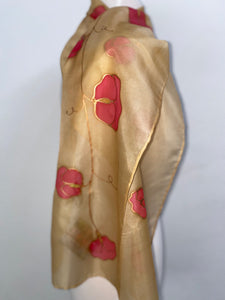 Sweet Peas Design Silk Neck Scarf in Red & Caramel : Hand Painted Silk