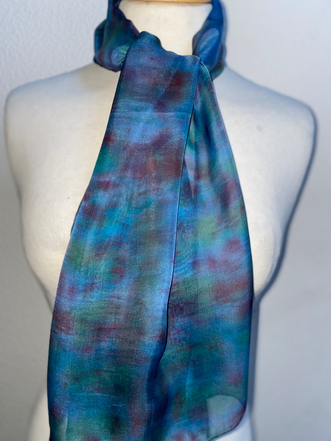 Hand Dyed Silk Neck Scarf in Blue Red Green