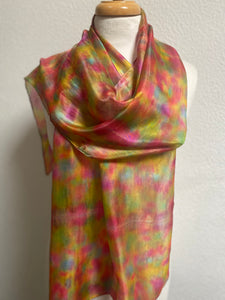 Hand Dyed Long Silk Scarf in Vibrant Pinks Gold Green Blue