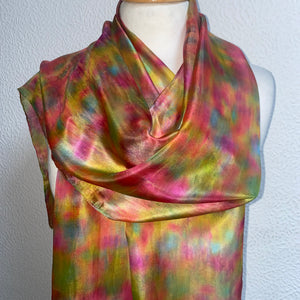 Hand Dyed Long Silk Scarf in Vibrant Pinks Gold Green Blue