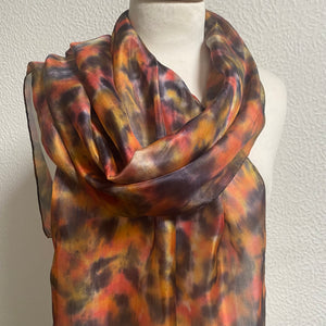 Hand Dyed Long Silk Scarf in Orange Charcoal Beige