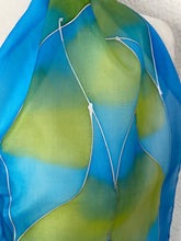 Load image into Gallery viewer, Flames Design Hand Painted Silk Neck Scarf in Turquoise Blue Lime Green
