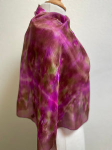 Hand Dyed Silk Neck Scarf in Brown Purple Green