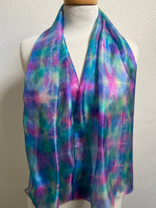 Hand Dyed Silk Neck Scarf in Multi Blues Pink Jade