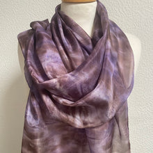 Load image into Gallery viewer, Hand Dyed Long Silk Scarf in Smokey Grey Lilac Brown
