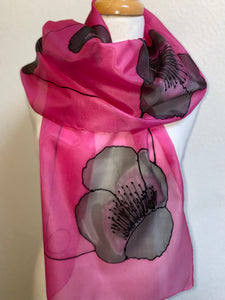 Poppy Noir Design Long Silk Scarf in Cerise : Hand Painted Silk