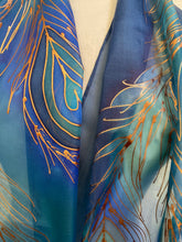 Load image into Gallery viewer, Peacock Feathers Design X Long Silk Scarf in Blue Turquoise : Hand Painted Silk
