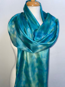 Hand Dyed Long Silk Scarf in Aqua, Blue, Green
