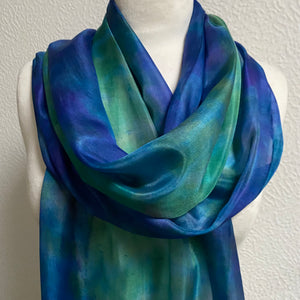 Hand Dyed Long Silk Scarf in Shades of Cobalt Navy Jade