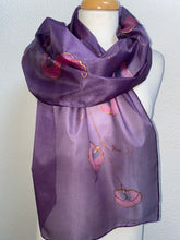 Load image into Gallery viewer, Sweet Pea Design Long Scarf : Hand Painted Silk in Pink Purple Copper
