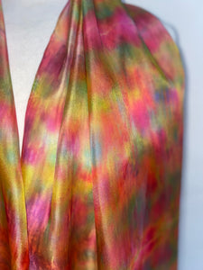 Hand Dyed Long Silk Scarf in Vibrant Pinks Gold Green Blue