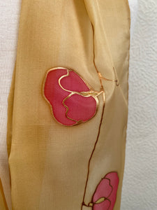 Sweet Peas Design Silk Neck Scarf in Red & Caramel : Hand Painted Silk