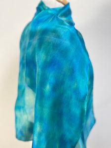 Hand Dyed Silk Neck Scarf in Turquoise Aqua Teal Blue