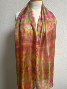 Hand Dyed Long Silk Scarf in Vibrant Pinks Gold Green Blue