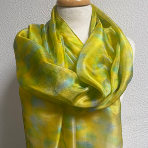 Hand Dyed Long Silk Scarf in Golden Yellow Lime Aqua