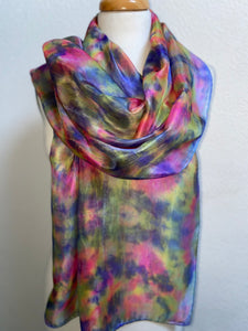 Hand Dyed Long Silk Scarf Blue, Pink, Green