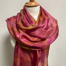 Load image into Gallery viewer, Soft Reds, Golden Ochre Painted &amp; Dyed Long Silk Scarf by Designer Silk
