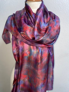 Red Blue Grey Purple Painted & Dyed Long Silk Scarf by Designer Silk