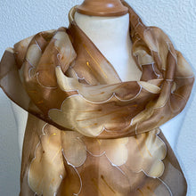 Load image into Gallery viewer, Leaves Design Long Scarf in Brown : Hand Painted Silk by Designer Silk
