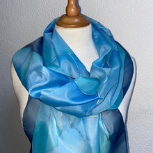 Load image into Gallery viewer, Flames Design X Long Silk Scarf in Denim Blues Hand Painted Silk
