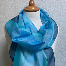 Load image into Gallery viewer, Flames Design X Long Silk Scarf in Denim Blues Hand Painted Silk
