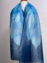 Load image into Gallery viewer, Flames Design X Long Silk Scarf in Denim Blues Hand Painted Silk
