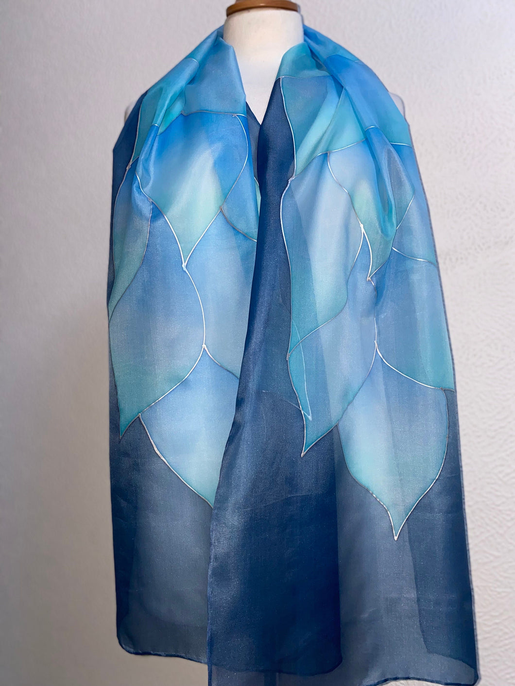 Flames Design X Long Silk Scarf in Denim Blues Hand Painted Silk