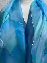 Load image into Gallery viewer, Flames Design X Long Silk Scarf in Denim Blues Hand Painted Silk
