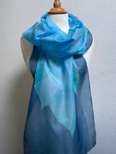 Load image into Gallery viewer, Flames Design X Long Silk Scarf in Denim Blues Hand Painted Silk
