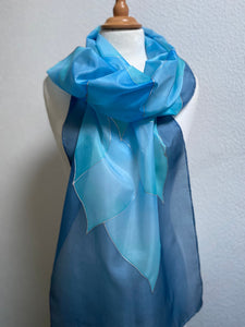 Flames Design X Long Silk Scarf in Denim Blues Hand Painted Silk