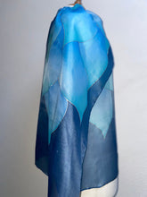 Load image into Gallery viewer, Flames Design X Long Silk Scarf in Denim Blues Hand Painted Silk
