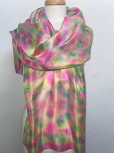 Hand Dyed Long Silk Scarf in Watermelon Colours