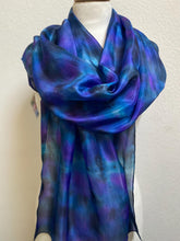 Load image into Gallery viewer, Hand Dyed Long Silk Scarf in Navy Black Purple
