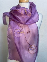 Load image into Gallery viewer, Sweet Pea Design Long Scarf : Hand Painted Silk in Orchid Pink Copper
