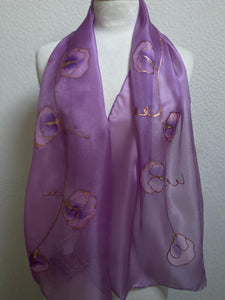 Sweet Pea Design Long Scarf : Hand Painted Silk in Orchid Pink Copper