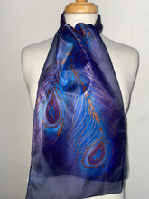 Load image into Gallery viewer, Peacock Feathers Design Hand Painted Silk Neck Scarf in Dark Blue, Purple, Blue
