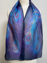 Load image into Gallery viewer, Peacock Feathers Design Hand Painted Silk Neck Scarf in Dark Blue, Purple, Blue
