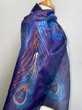 Load image into Gallery viewer, Peacock Feathers Design Hand Painted Silk Neck Scarf in Dark Blue, Purple, Blue
