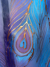 Load image into Gallery viewer, Peacock Feathers Design Hand Painted Silk Neck Scarf in Dark Blue, Purple, Blue
