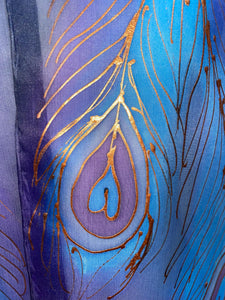 Peacock Feathers Design Hand Painted Silk Neck Scarf in Dark Blue, Purple, Blue