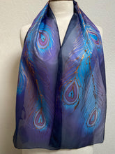 Load image into Gallery viewer, Peacock Feathers Design Hand Painted Silk Neck Scarf in Dark Blue, Purple, Blue
