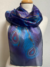 Load image into Gallery viewer, Peacock Feathers Design Hand Painted Silk Neck Scarf in Dark Blue, Purple, Blue
